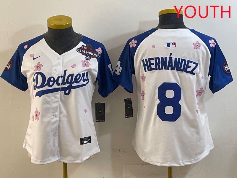 Youth Los Angeles Dodgers #8 Hernandez White Blue Sakura Edition 2025 Nike MLB Jersey style 2->youth mlb jersey->Youth Jersey